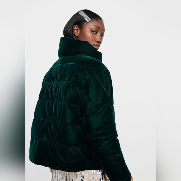 Zara Medium Emerald Green Velvet Puffer Jacket - Picture 11 of 11